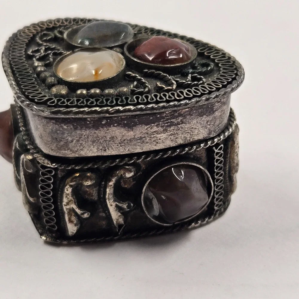 Tiny Vintage Indian Stone Trinket Box Mini Jewelry Ring Box Boho Decor